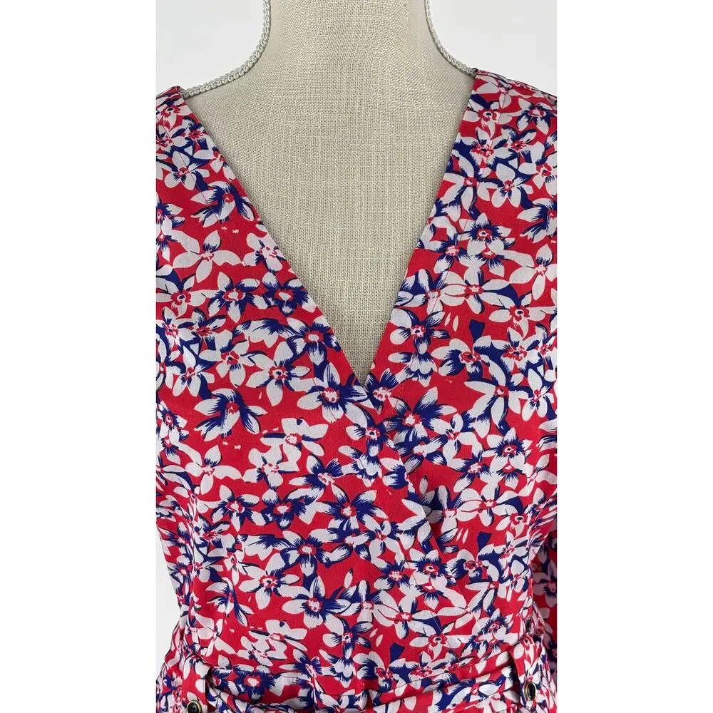 Yumi Kim Womens Floral Belted Romper Size 8 V Neck Red Blue White
